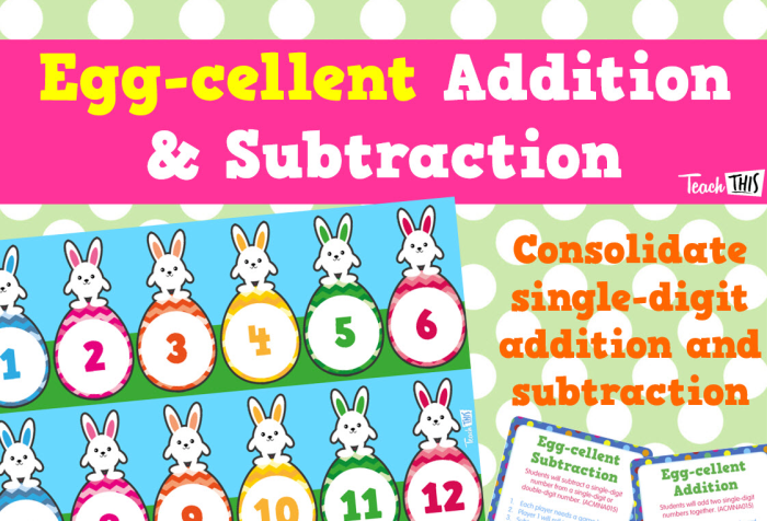 Colorful egg-themed addition problems with spaces for students to write answers and color illustrations