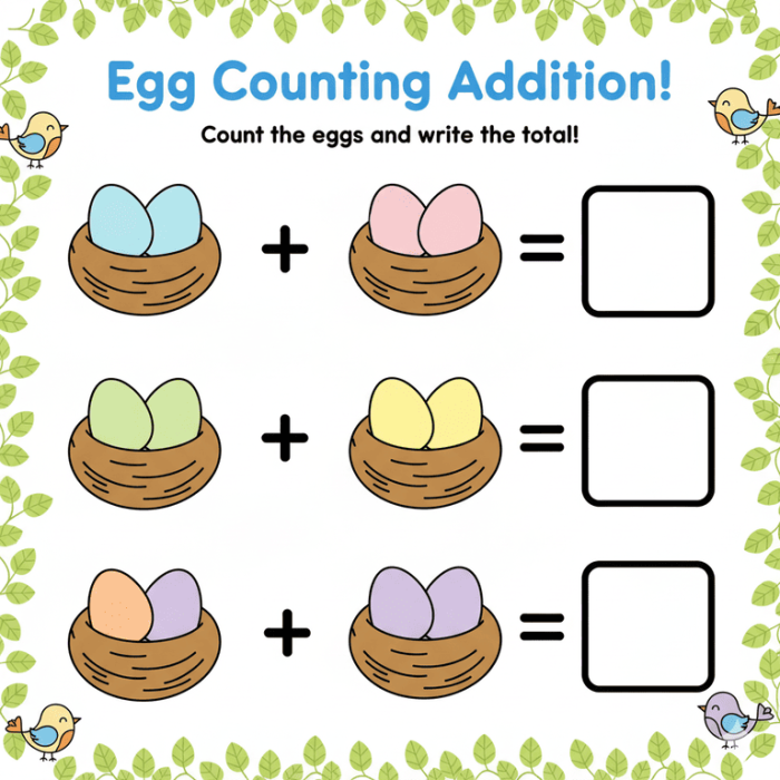Egg-cellent Addition worksheet for fourth grade showing math problems with egg-themed illustrations and coloring activities