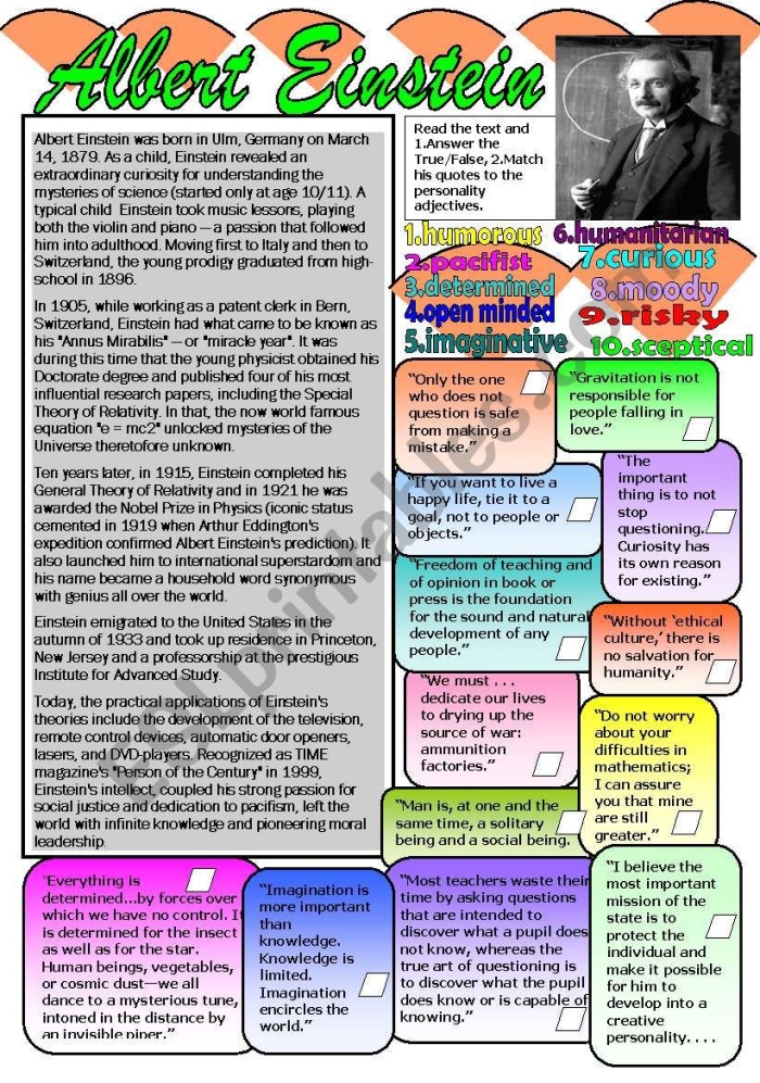 An Introduction to Albert Einstein Vocabulary Worksheet for Grade Four Fourth grade student reading an illustrated biography worksheet about physicist Albert Einstein