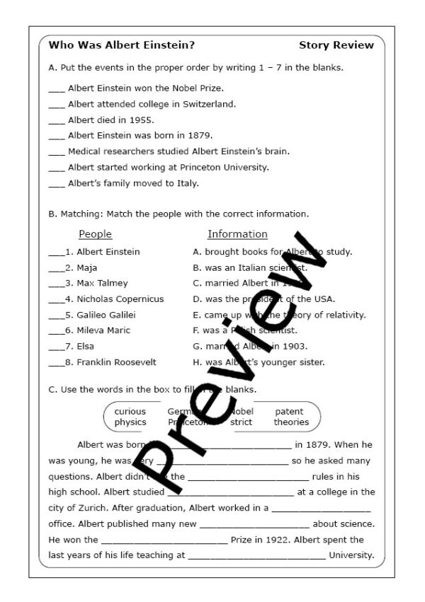 Worksheet: An Introduction to Albert Einstein for fourth-grade vocabulary learners Image of a worksheet introducing fourth graders to physicist Albert Einstein and his theories