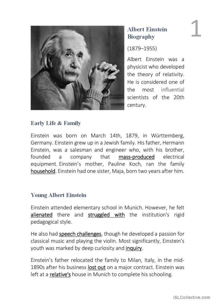 An engaging mini biography of Albert Einstein for young learners A colorful worksheet introducing fourth graders to physicist Albert Einstein and theoretical physics concepts