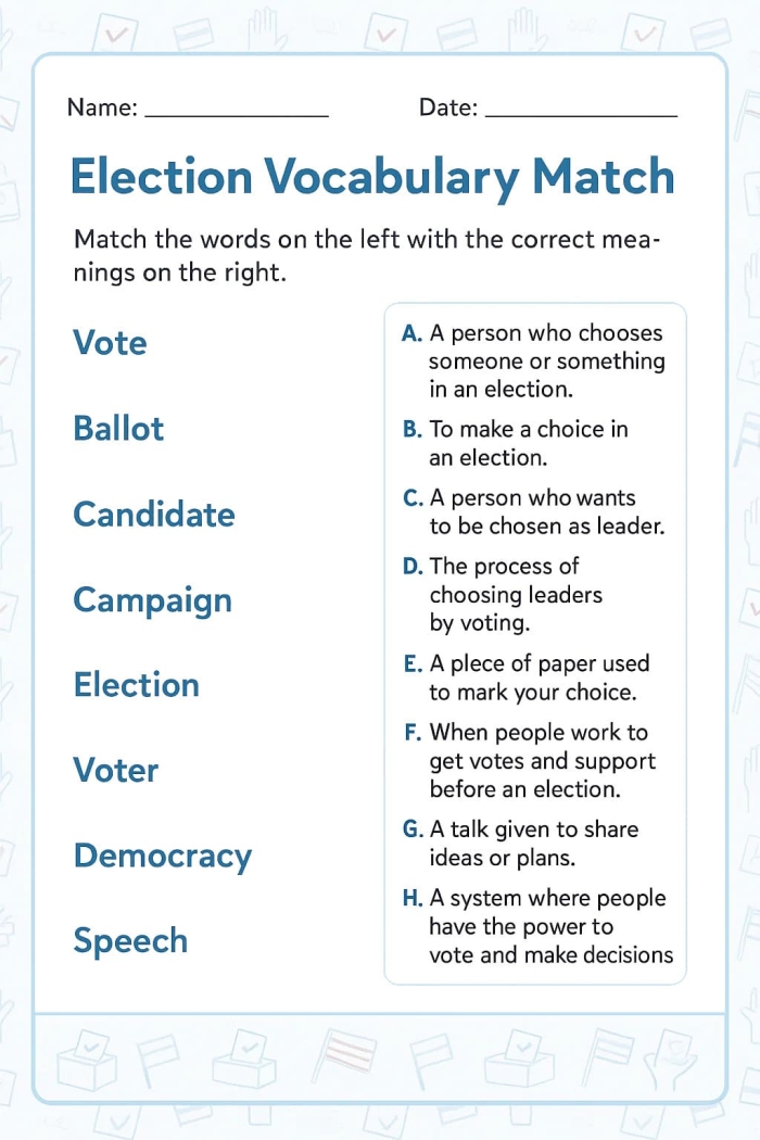 Engaging matching game to enhance students' understanding of election-related terms Election Vocabulary worksheet featuring a patriotic matching activity for fourth graders