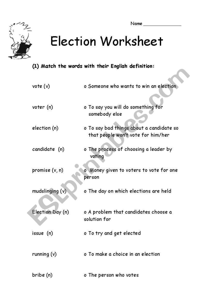 Interactive worksheet for understanding key election terms in a fun way Election Vocabulary worksheet featuring a patriotic matching activity for fourth graders
