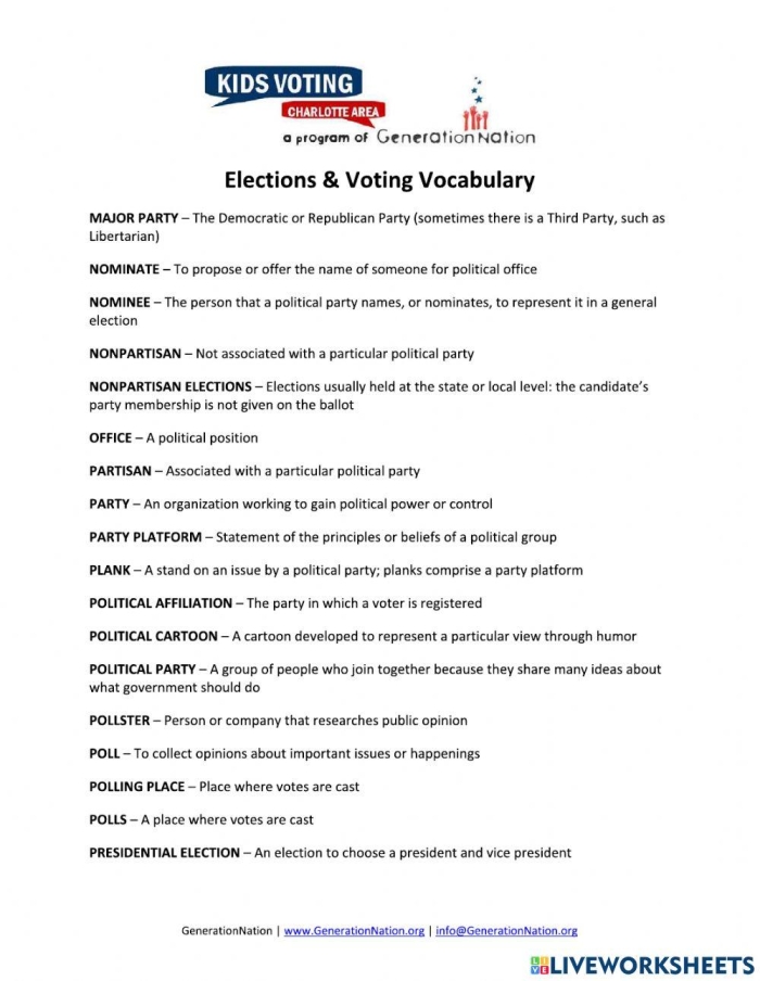 Engaging patriotic activity for mastering election-related terms in fourth grade Election Vocabulary worksheet featuring a matching activity for students