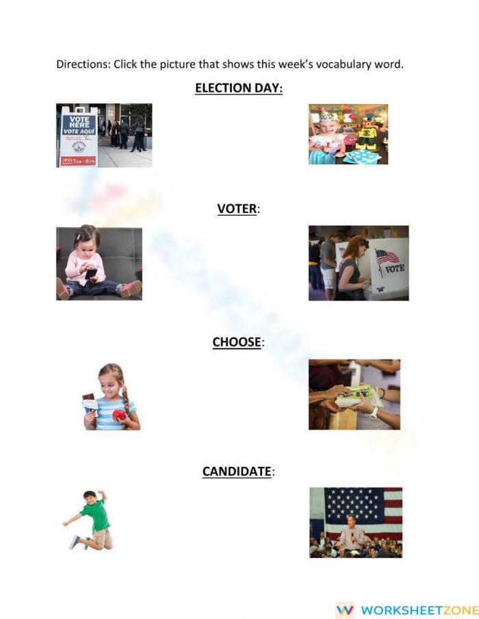 Engaging worksheet to help students learn key election terms and concepts Election Vocabulary worksheet featuring a patriotic matching activity for fourth graders