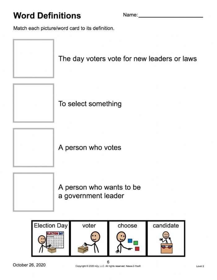 Engaging patriotic matching exercise for learning election terms Election Vocabulary worksheet featuring a matching activity for students