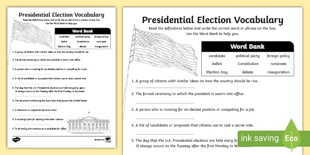 Engaging matching activity to test students' knowledge of election-related terms Election Vocabulary worksheet for fourth graders featuring a patriotic matching activity