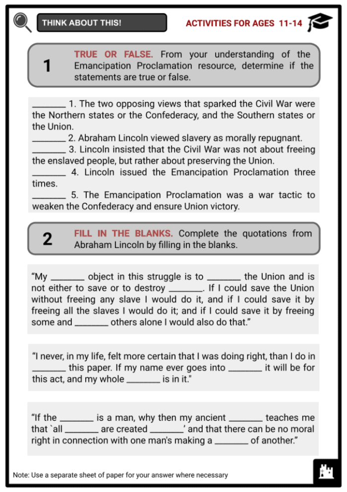 Educational resource for learning about the Emancipation Proclamation history and activities Worksheet featuring exercises on the Emancipation Proclamation for fourth graders