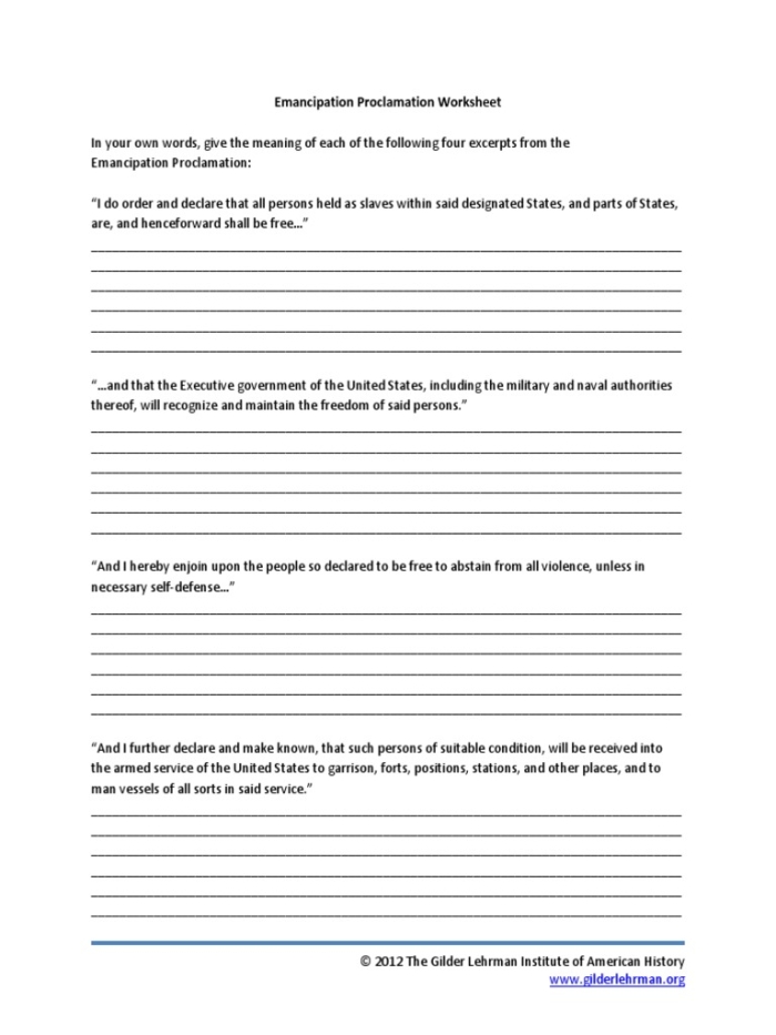 Engaging activities to reinforce learning about the Emancipation Proclamation Emancipation Proclamation worksheet for fourth graders featuring exercises and historical overview