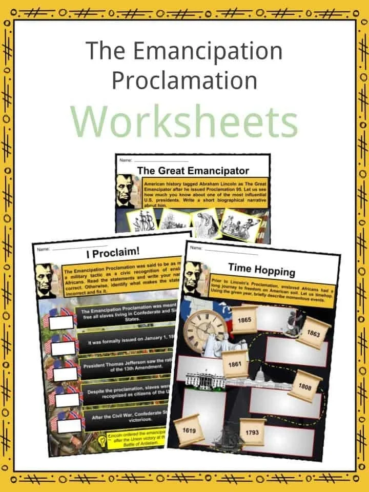 Engaging activities to reinforce understanding of the Emancipation Proclamation Worksheet featuring exercises on the Emancipation Proclamation for fourth graders