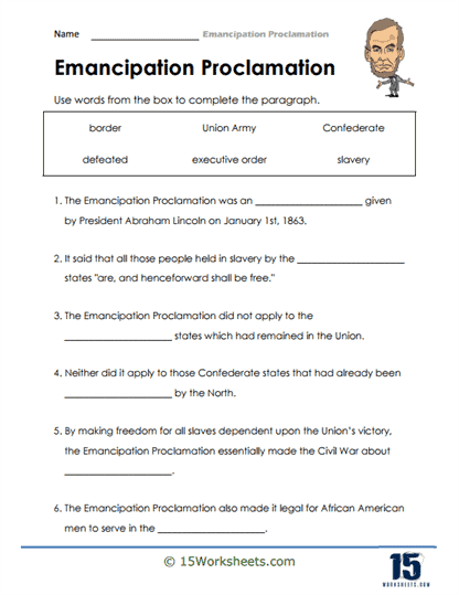 Educational resource for learning about the Emancipation Proclamation and its history Worksheet featuring exercises on the Emancipation Proclamation for fourth graders