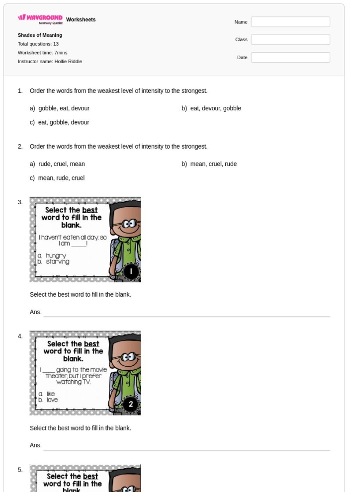 Fourth grade students using the Shades of Meaning worksheet to illustrate synonyms with emojis