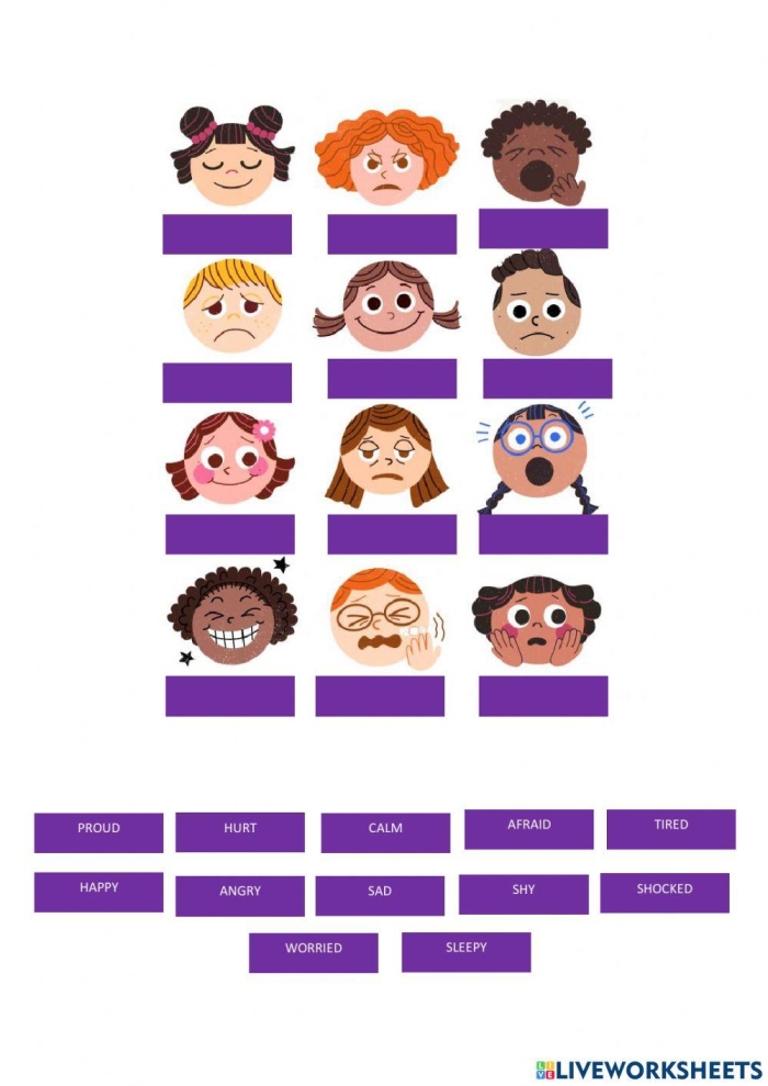 Fourth grade students matching synonym pairs for excited and happy emotions on a colorful worksheet