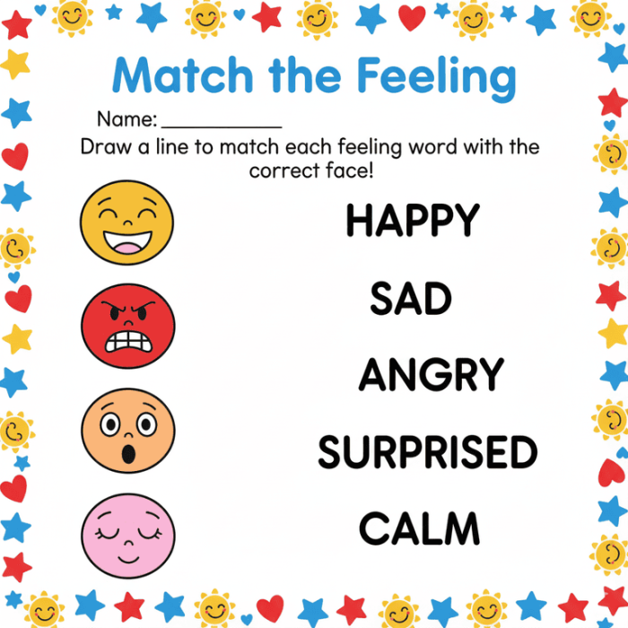 Fourth grade student completing a synonym matching worksheet about the emotions happy and excited