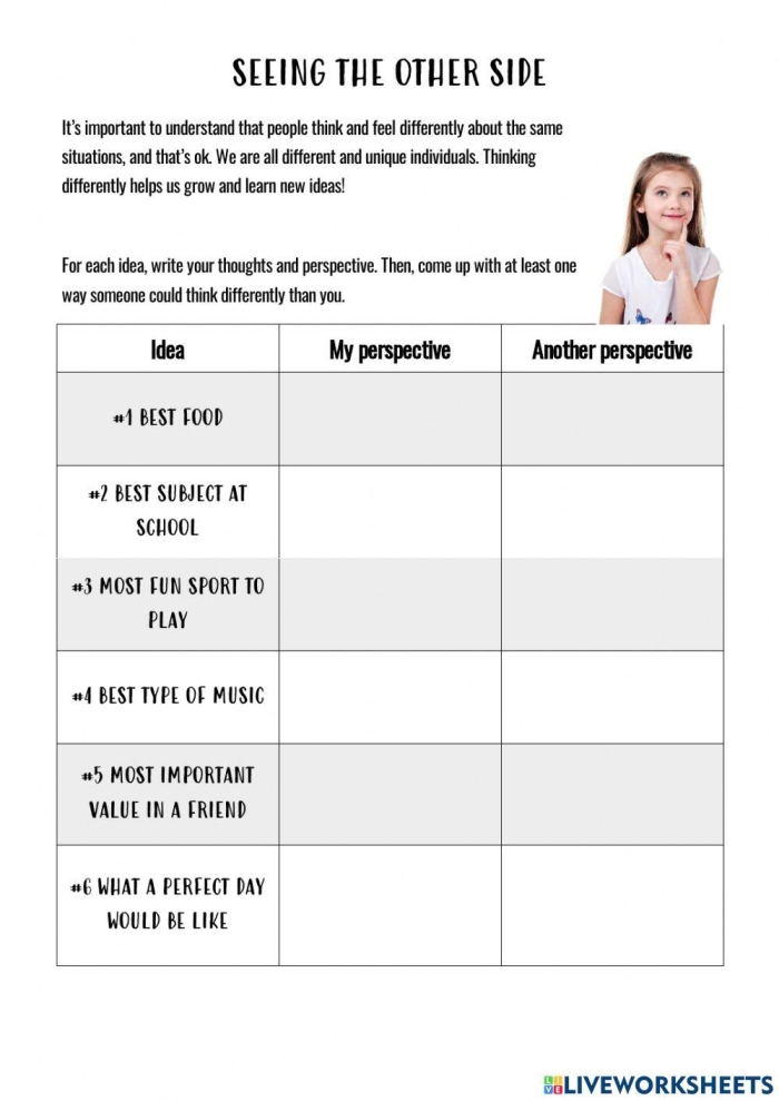 Worksheet for exploring perspectives and empathy in fourth-grade students