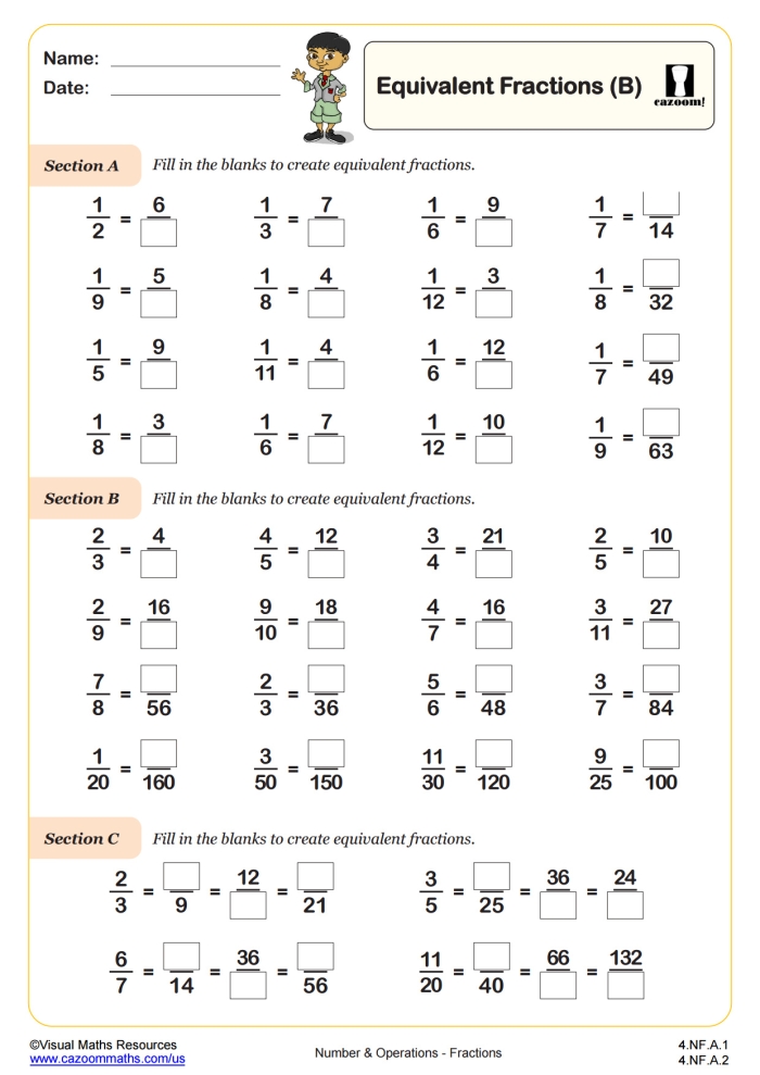Fourth grade students identifying equivalent fractions on a colorful practice worksheet with multiple fraction problems