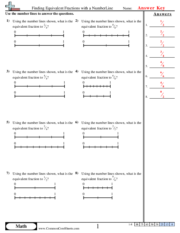 Fourth grade math student plotting equivalent fractions on a number line worksheet