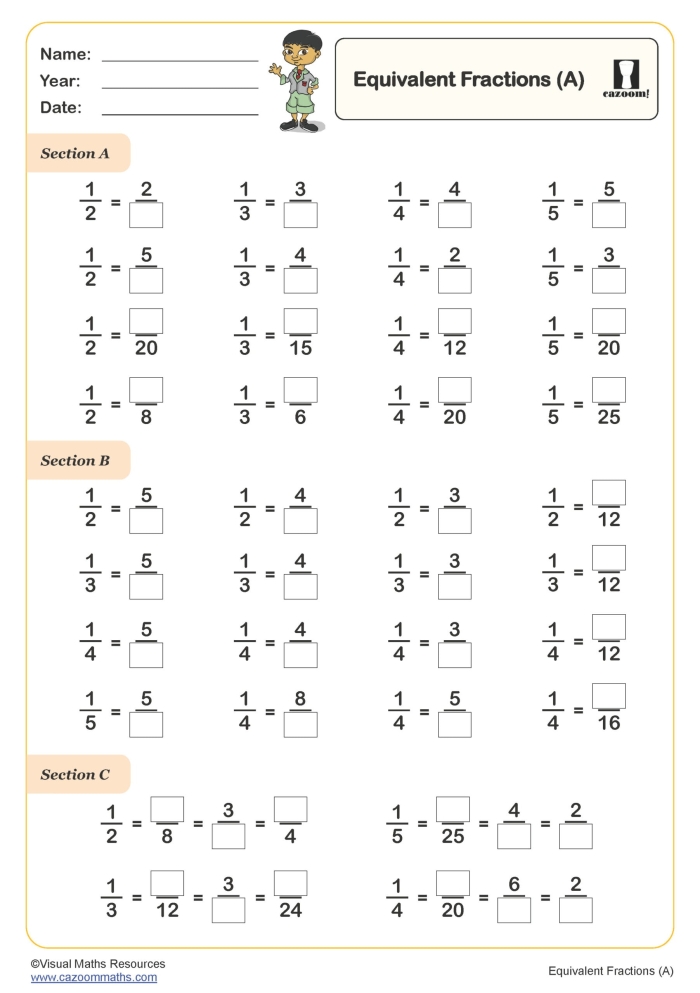 Practice worksheet 17 for learning equivalent fractions using tenths and hundredths place values Fourth grade math worksheet showing equivalent fractions with denominators of 10 and 100 for converting decimal place values