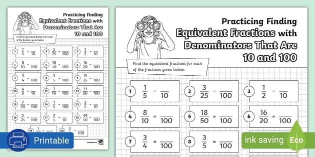 Equivalent Fractions Denominators of 10 and 100 Math Worksheet 6 Fourth grade math worksheet for practicing equivalent fractions with denominators of 10 and 100