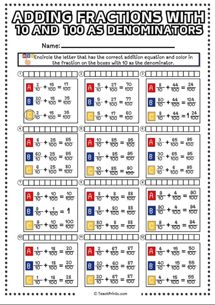 Equivalent Fractions Denominators of 10 and 100 Math Worksheet 20 Fourth grade math worksheet for practicing equivalent fractions with denominators of 10 and 100