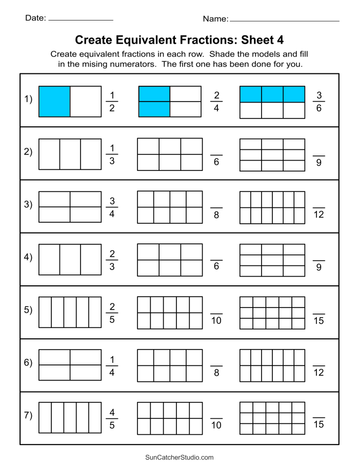 Fourth grade math worksheet showing colorful fraction examples for practicing equivalent fractions identification