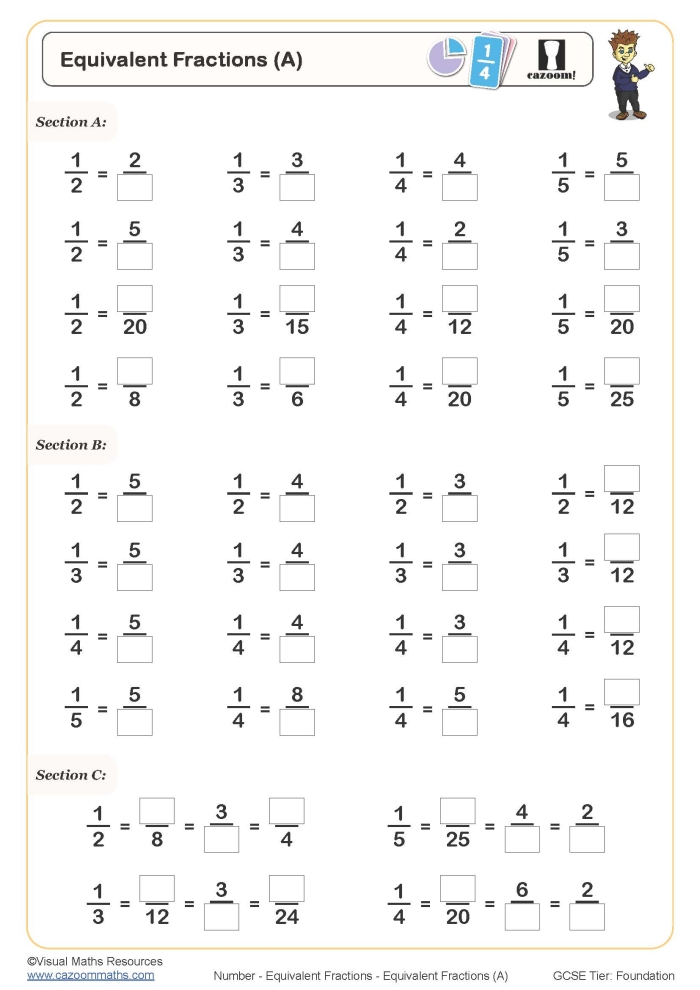 Worksheet for practicing equivalent fractions through multiplication and division for fourth graders