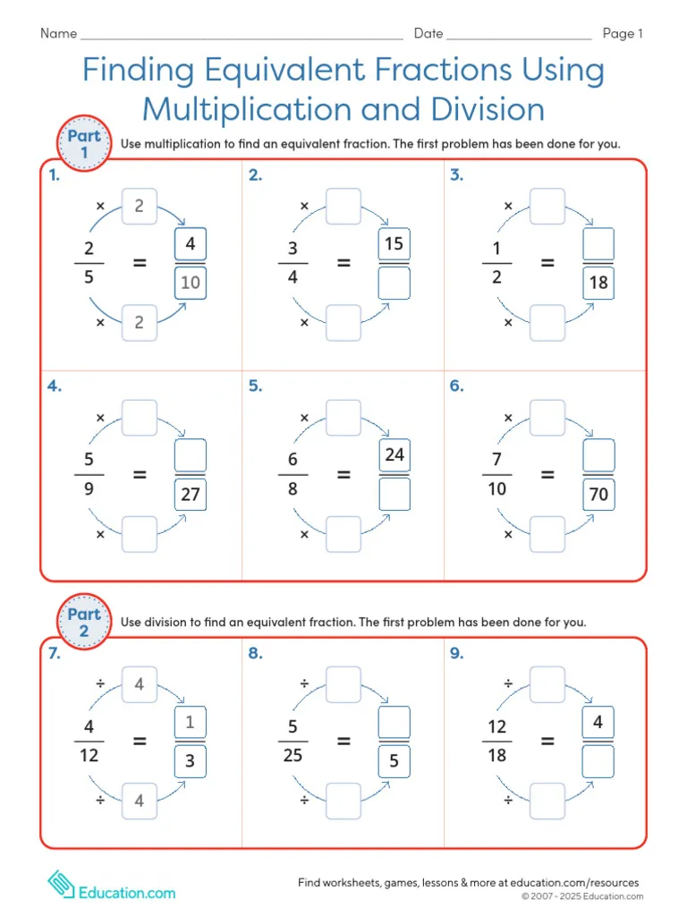 Worksheet for practicing equivalent fractions through multiplication and division for fourth graders