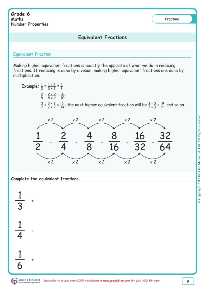 Fourth grade worksheet showing math problems for finding equivalent fractions through multiplication and division