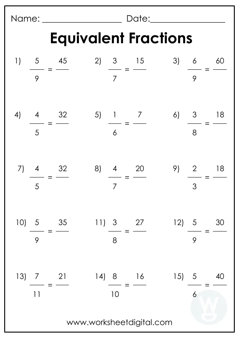 Worksheet for practicing equivalent fractions through multiplication and division for fourth graders