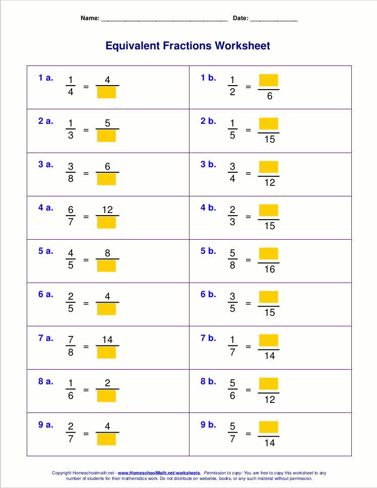 Fourth grade student completing a worksheet on finding equivalent fractions with multiplication and division methods