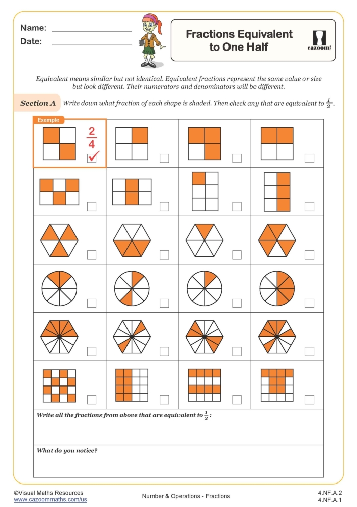 Worksheet for practicing equivalent fractions through multiplication and division for fourth graders