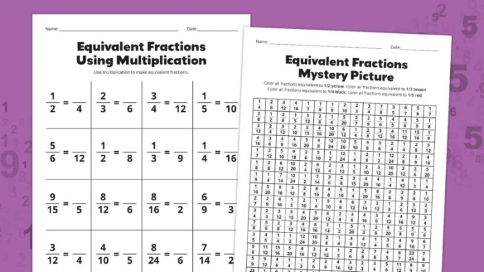 Fourth grade math worksheet focused on calculating equivalent fractions through multiplication and division techniques