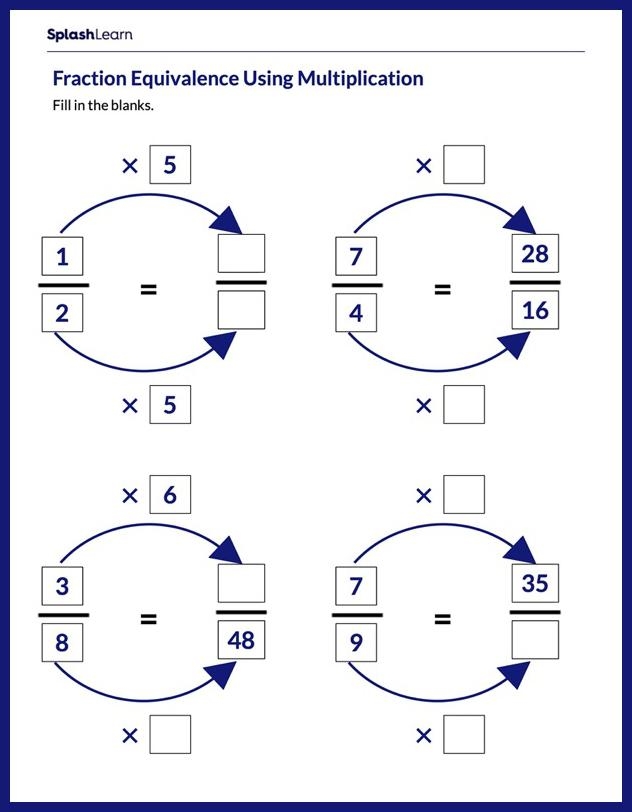 Worksheet for practicing equivalent fractions through multiplication and division for fourth graders
