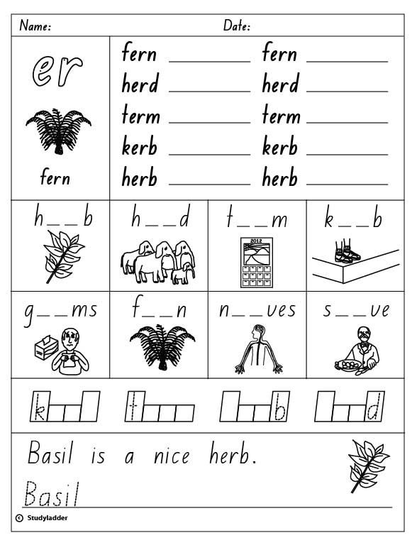 Worksheet for students to practice spelling words with the /er/ sound