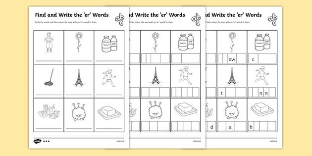 Worksheet for practicing the /er/ sound in spelling for fourth graders