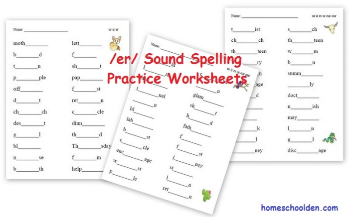 Fourth grade student worksheet focusing on practicing words with the er sound