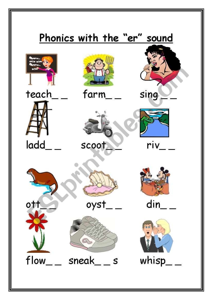 Fourth grade spelling worksheet focusing on the er sound with fill in the blank exercises
