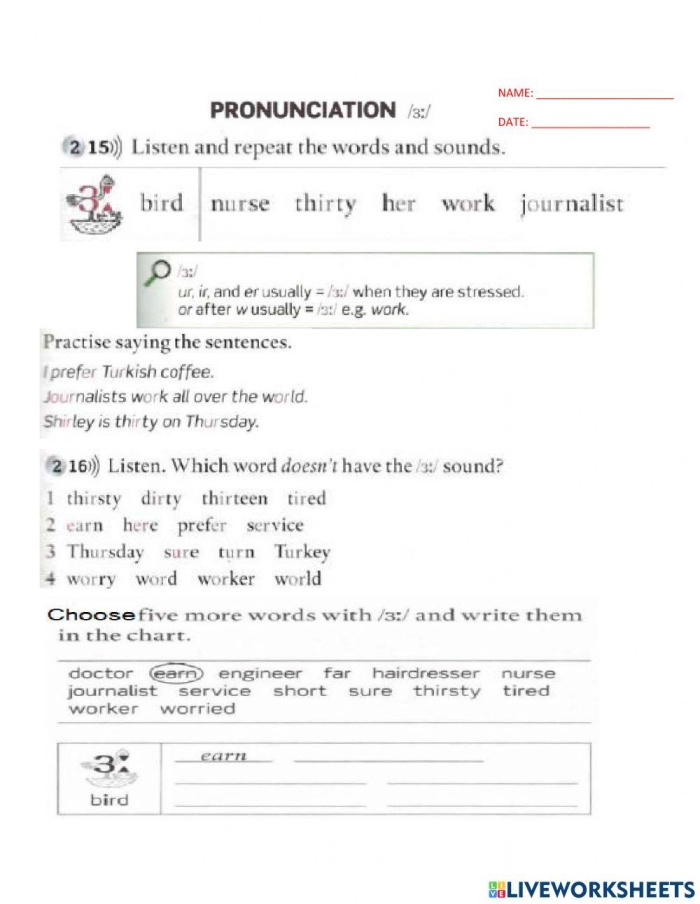 Worksheet for practicing the /er/ sound in fourth grade spelling