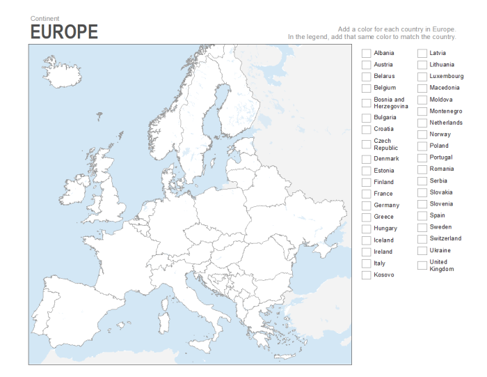 Interactive Europe Map worksheet for learning about famous destinations and cultures Map of Europe highlighting popular cities for a fourth-grade worksheet