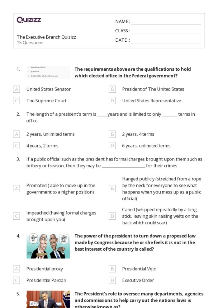 Executive Branch Spelling Worksheet for Grade 4 Spelling worksheet for fourth graders focusing on vocabulary of the executive branch of the U.S. government