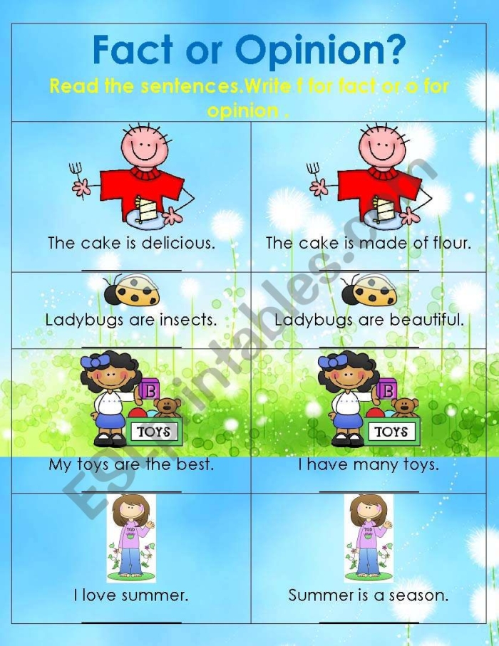 Fact or Opinion Sentences worksheet for fourth-grade students focusing on reading skills