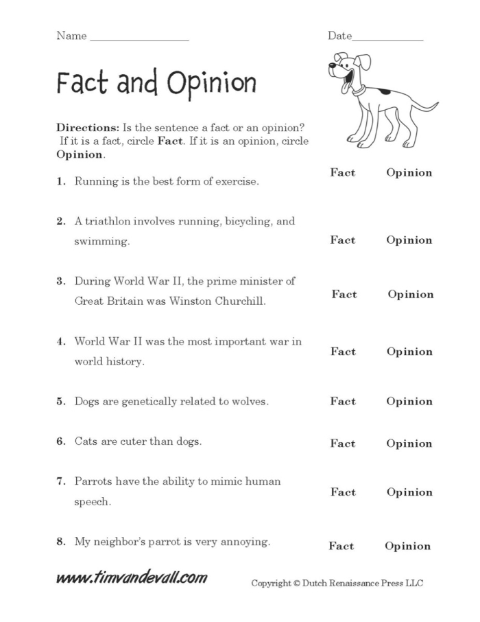 Fourth grade Spanish worksheet for identifying facts and opinions five