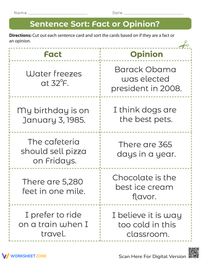 Fourth grade student completing a worksheet on distinguishing fact from opinion sentences
