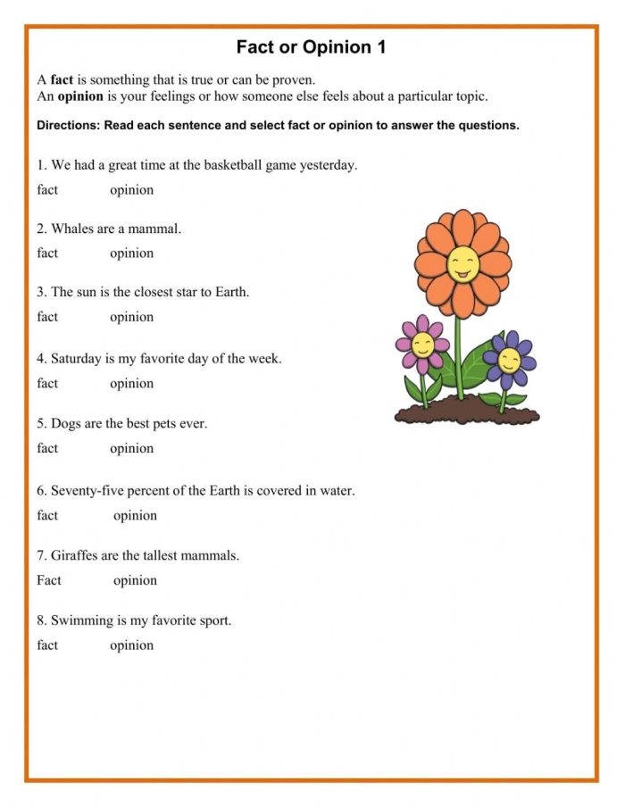 Fourth grade worksheet featuring multiple choice exercises for identifying fact and opinion sentences