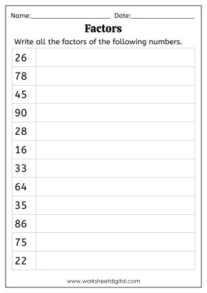 Fourth grade math worksheet showing factor pairs and multiplication problems for finding factors practice