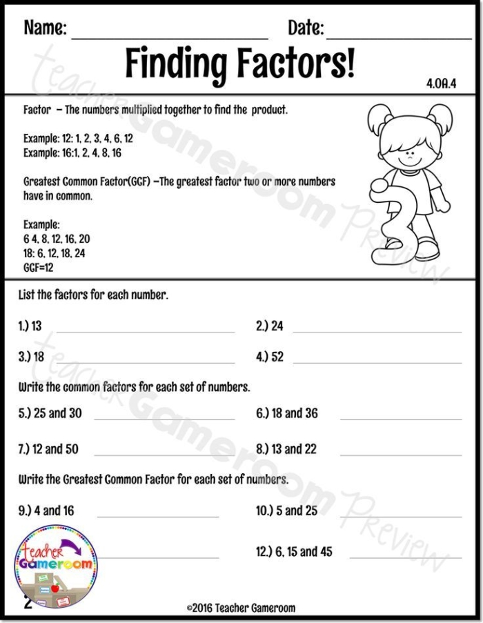 Fourth grade student working through a factors worksheet with multiplication problems and factor pairs
