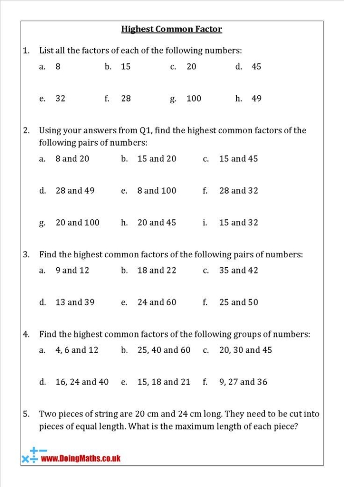 Fourth grade math worksheet showing factor pairs and multiplication problems for elementary students to practice finding factors