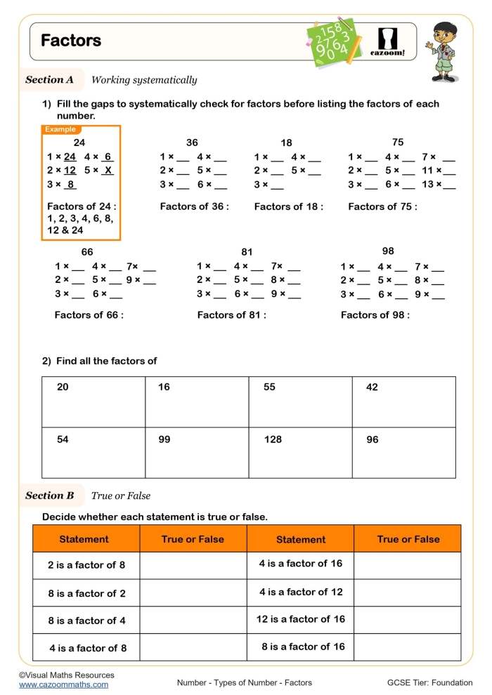 Fourth grade math worksheet for identifying factor pairs of two-digit numbers