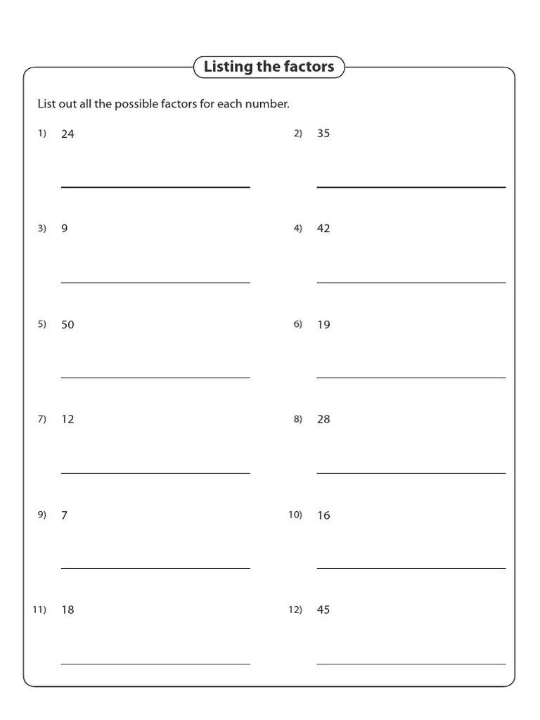 Worksheet for fourth graders to identify factor pairs of two-digit numbers