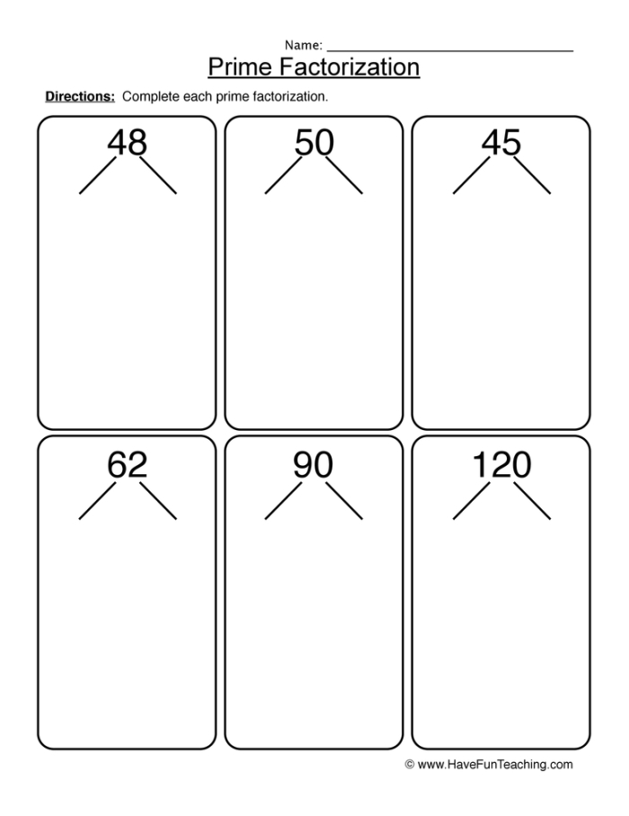 Factor Tree worksheet for fourth graders illustrating how to find factors. Engaging multiplication practice for children using a visual factor tree.